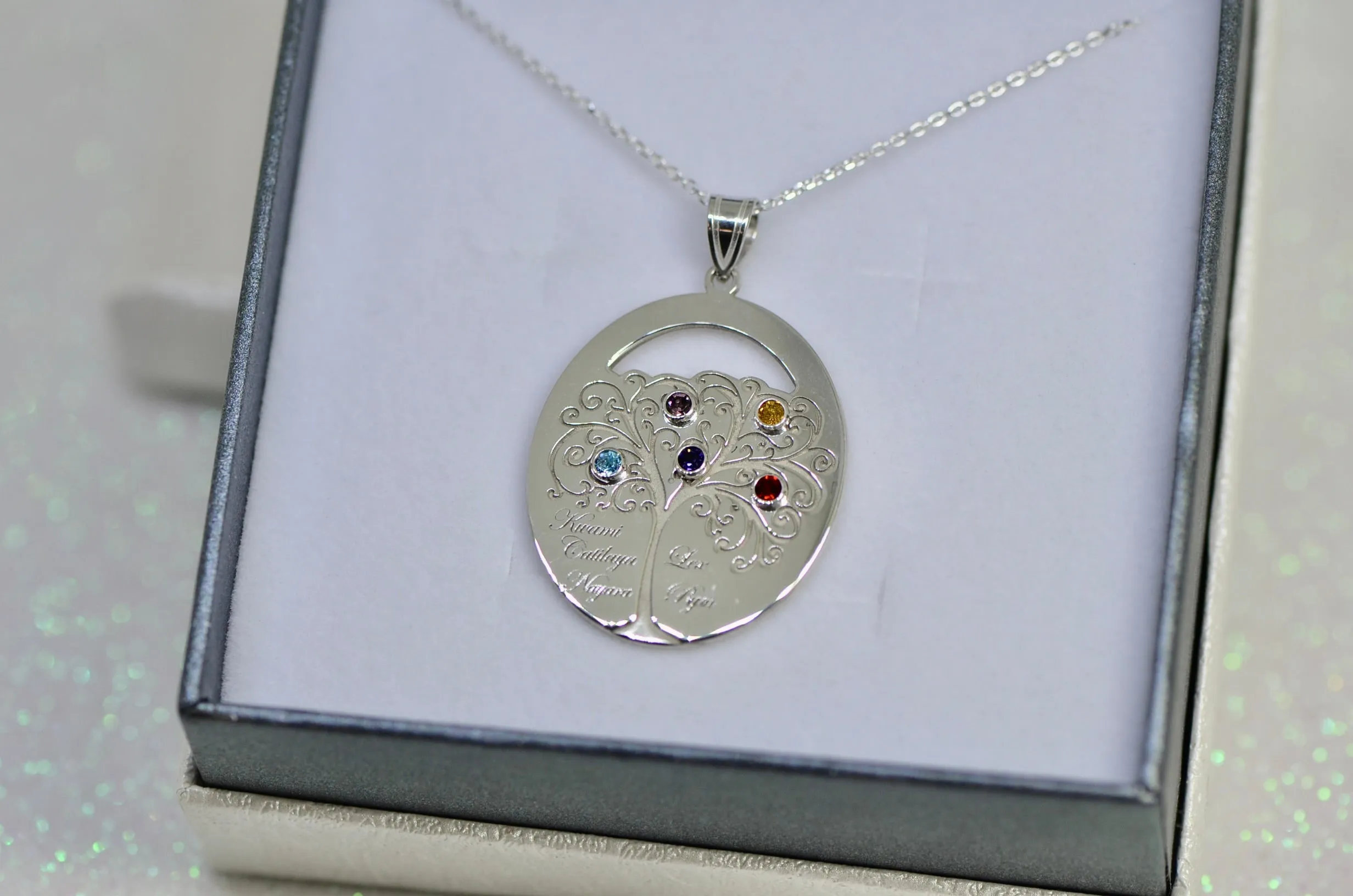 Sterling Silver Engraved Names Oval Family Birthstone Tree Pendant