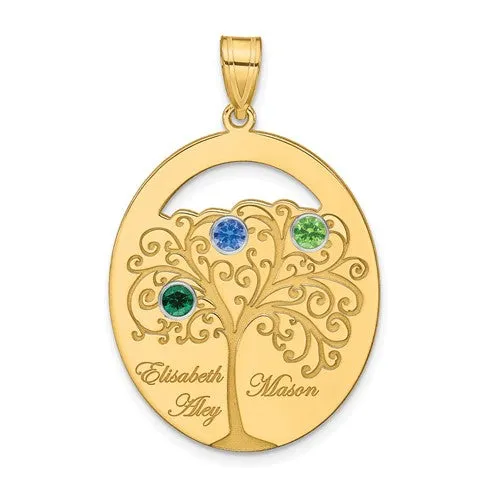 Sterling Silver Engraved Names Oval Family Birthstone Tree Pendant