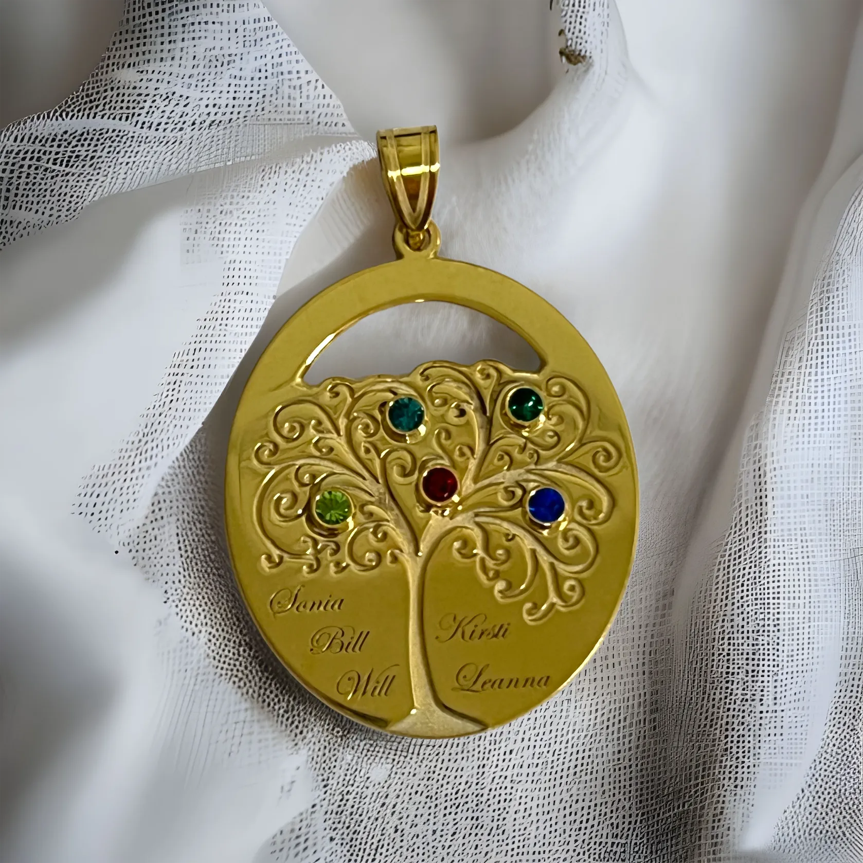 Sterling Silver Engraved Names Oval Family Birthstone Tree Pendant