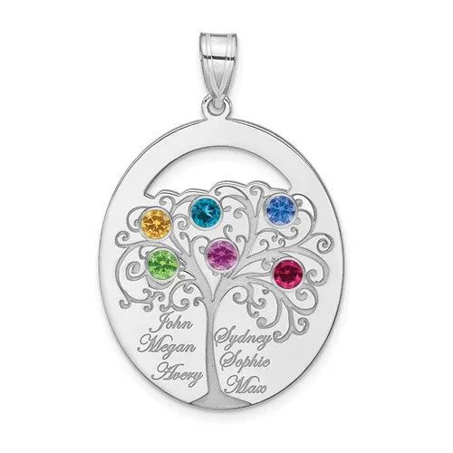 Sterling Silver Engraved Names Oval Family Birthstone Tree Pendant