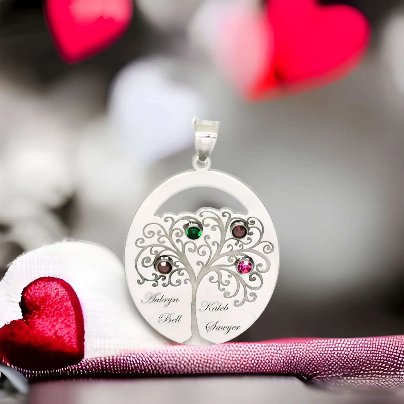 Sterling Silver Engraved Names Oval Family Birthstone Tree Pendant
