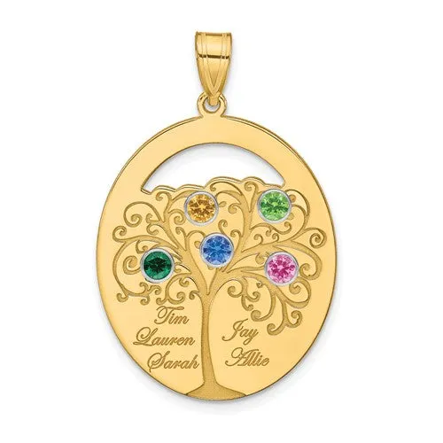 Sterling Silver Engraved Names Oval Family Birthstone Tree Pendant