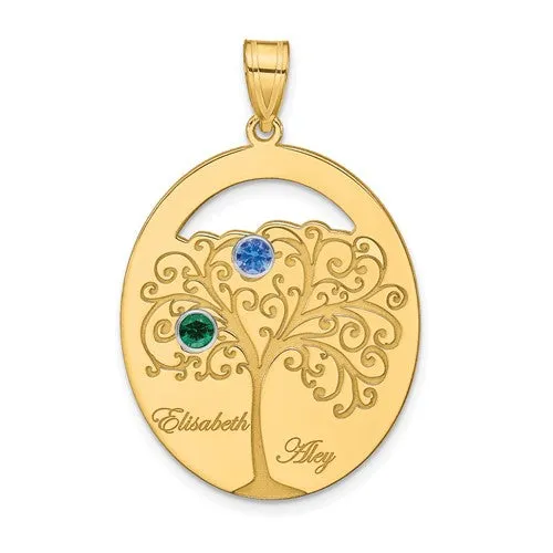 Sterling Silver Engraved Names Oval Family Birthstone Tree Pendant