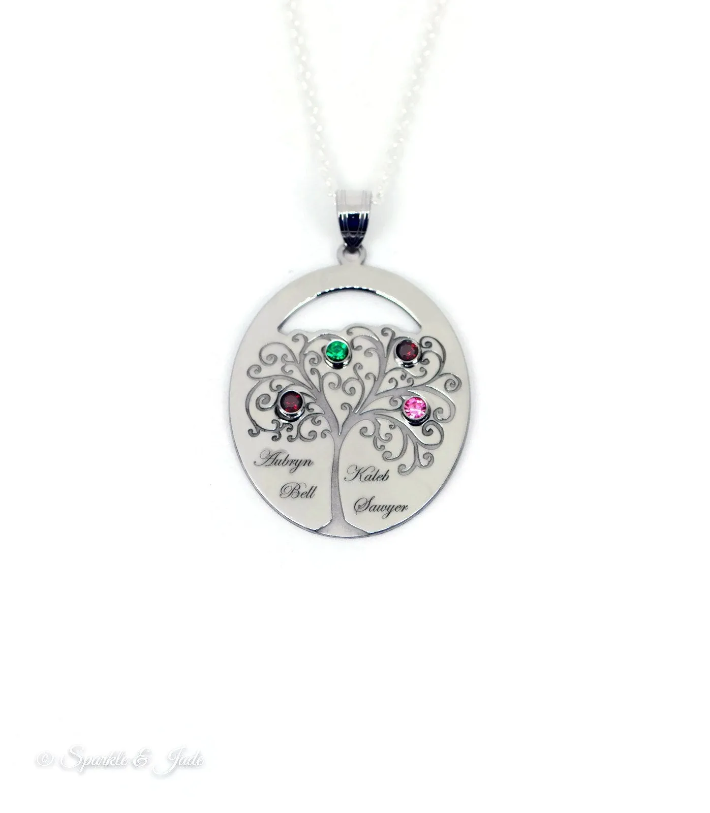 Sterling Silver Engraved Names Oval Family Birthstone Tree Pendant