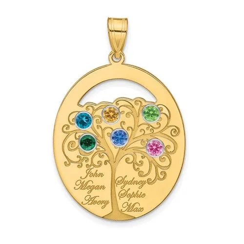Sterling Silver Engraved Names Oval Family Birthstone Tree Pendant