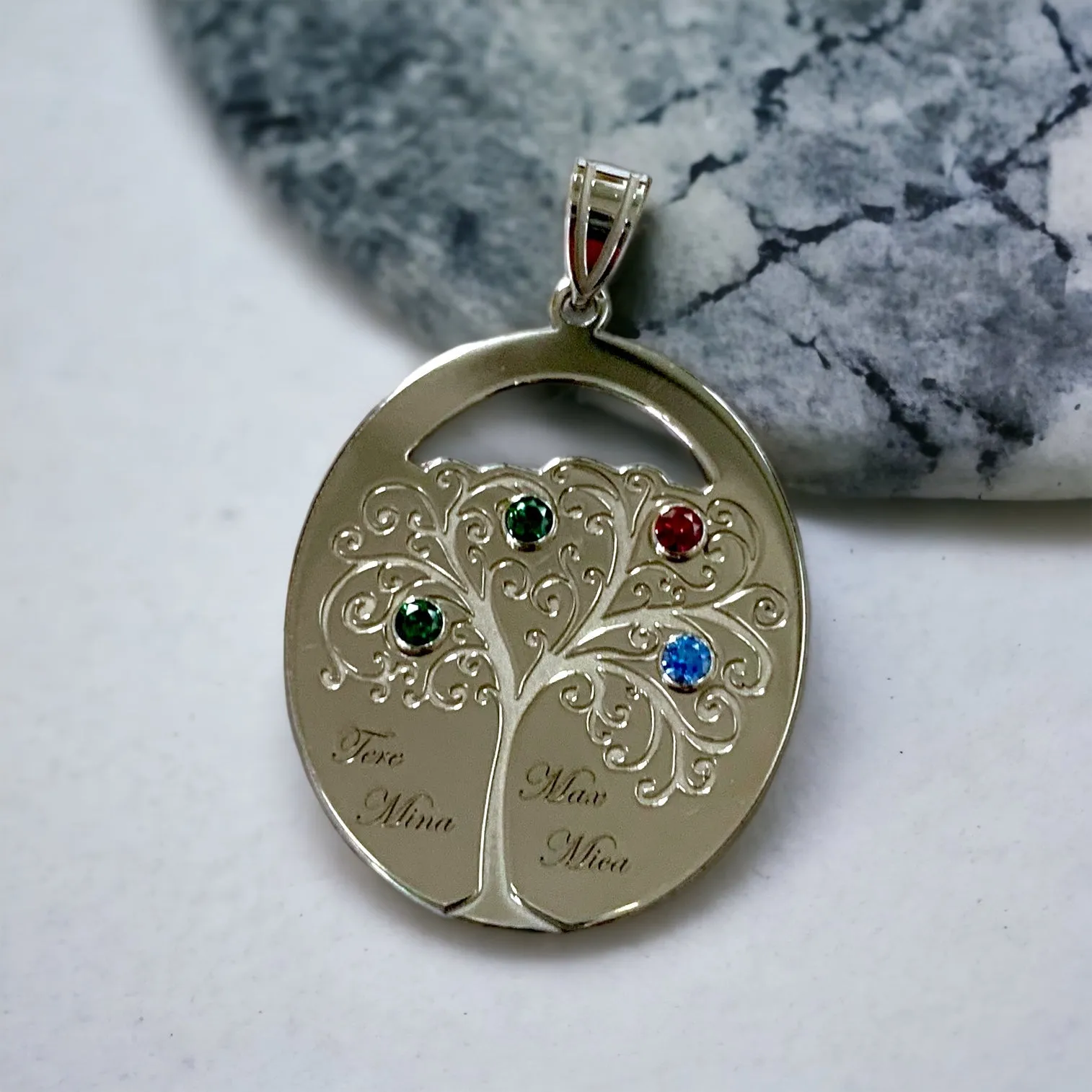 Sterling Silver Engraved Names Oval Family Birthstone Tree Pendant
