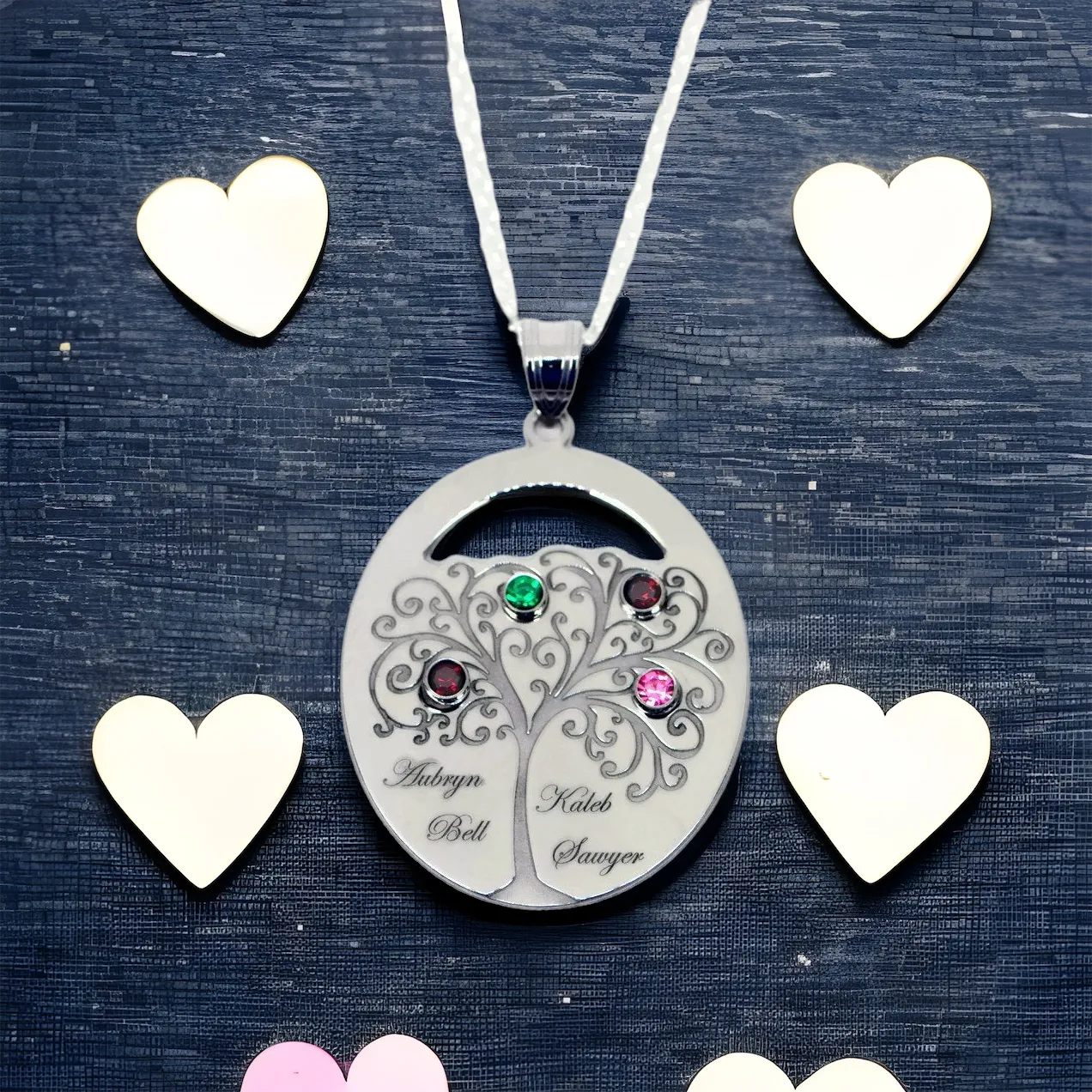 Sterling Silver Engraved Names Oval Family Birthstone Tree Pendant