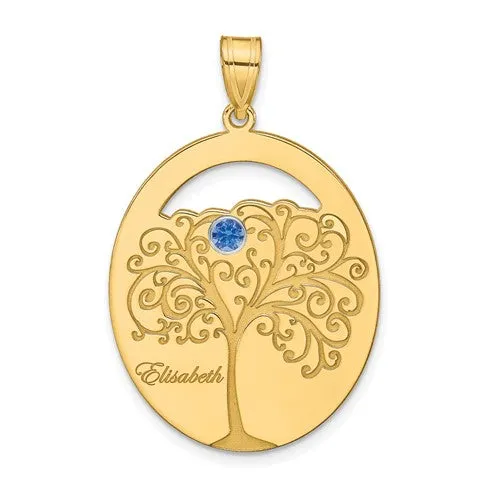 Sterling Silver Engraved Names Oval Family Birthstone Tree Pendant