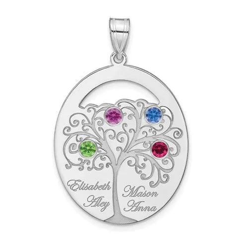 Sterling Silver Engraved Names Oval Family Birthstone Tree Pendant