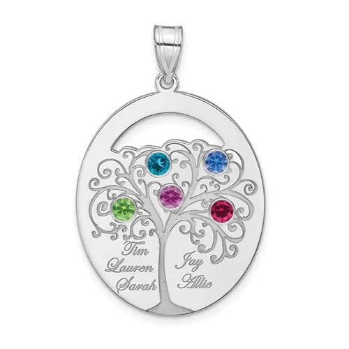 Sterling Silver Engraved Names Oval Family Birthstone Tree Pendant