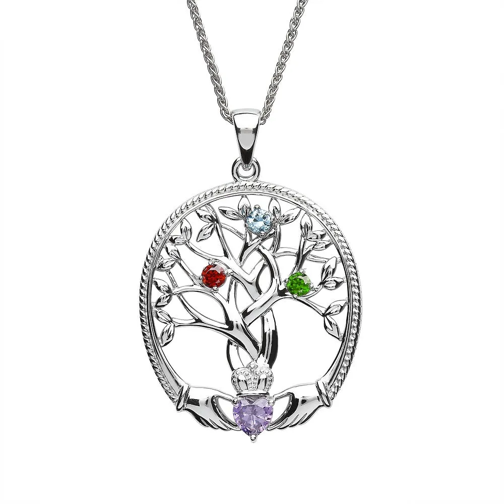Sterling Silver Irish Family Claddagh Tree of Life Birthstone Pendant Mother and 3 Children - SP2247-3