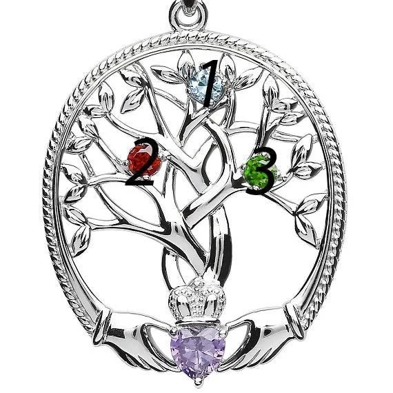 Sterling Silver Irish Family Claddagh Tree of Life Birthstone Pendant Mother and 3 Children - SP2247-3
