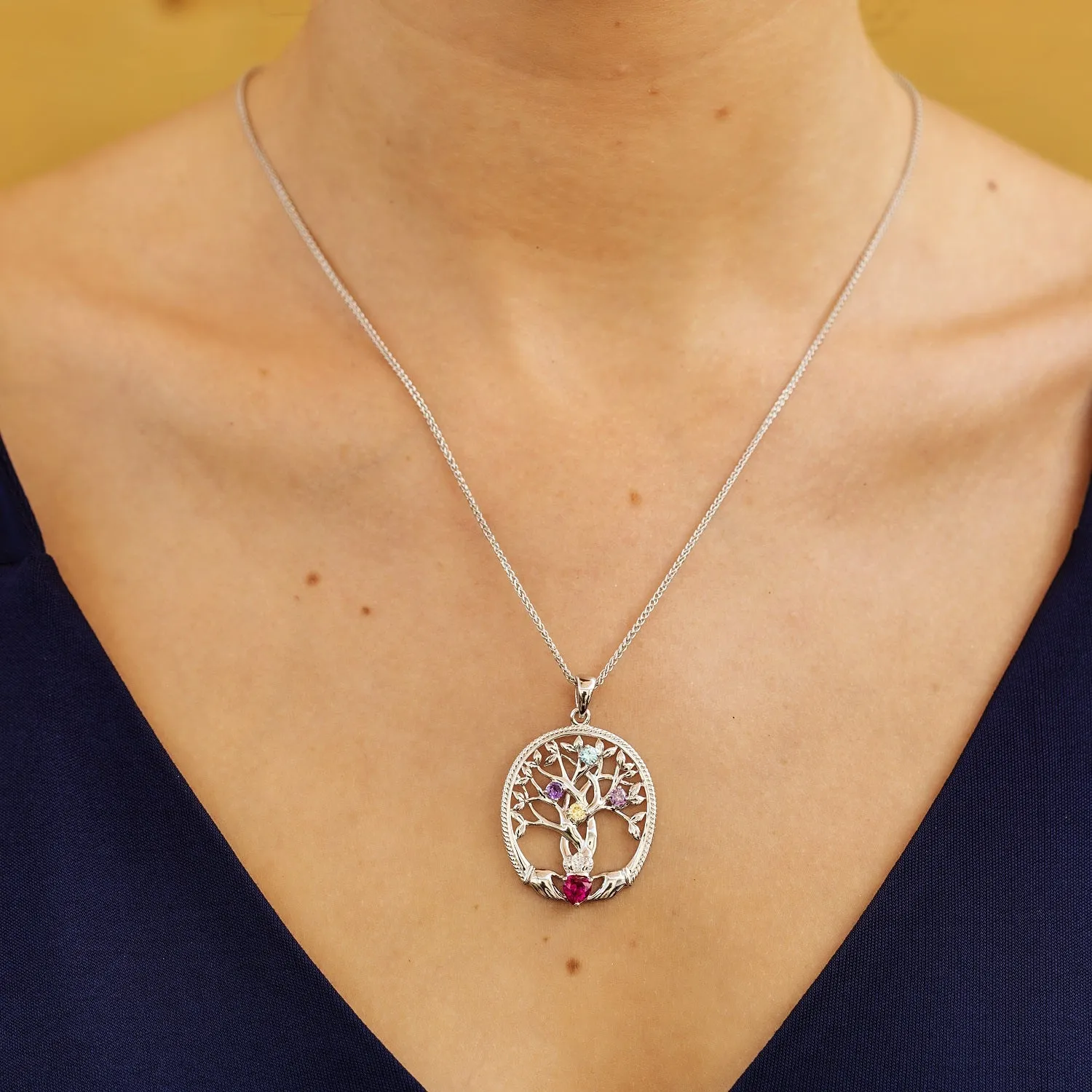Sterling Silver Irish Family Claddagh Tree of Life Birthstone Pendant Mother and 4 Children - SP2247-4