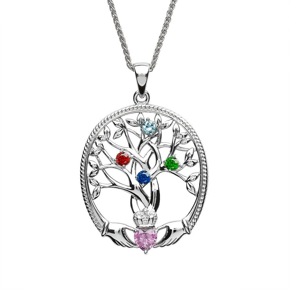 Sterling Silver Irish Family Claddagh Tree of Life Birthstone Pendant Mother and 4 Children - SP2247-4