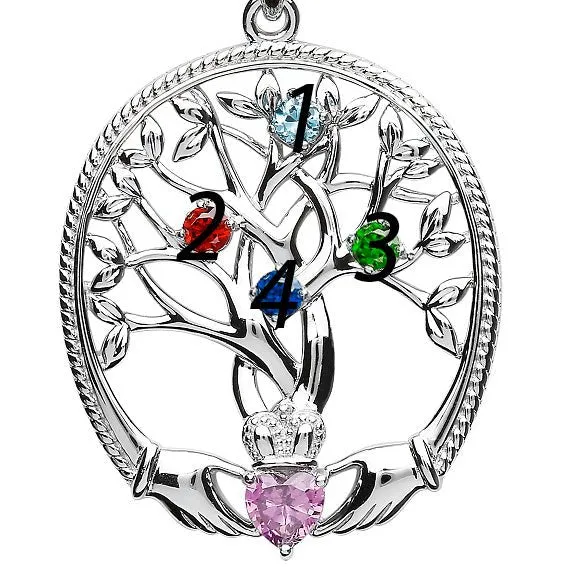 Sterling Silver Irish Family Claddagh Tree of Life Birthstone Pendant Mother and 4 Children - SP2247-4