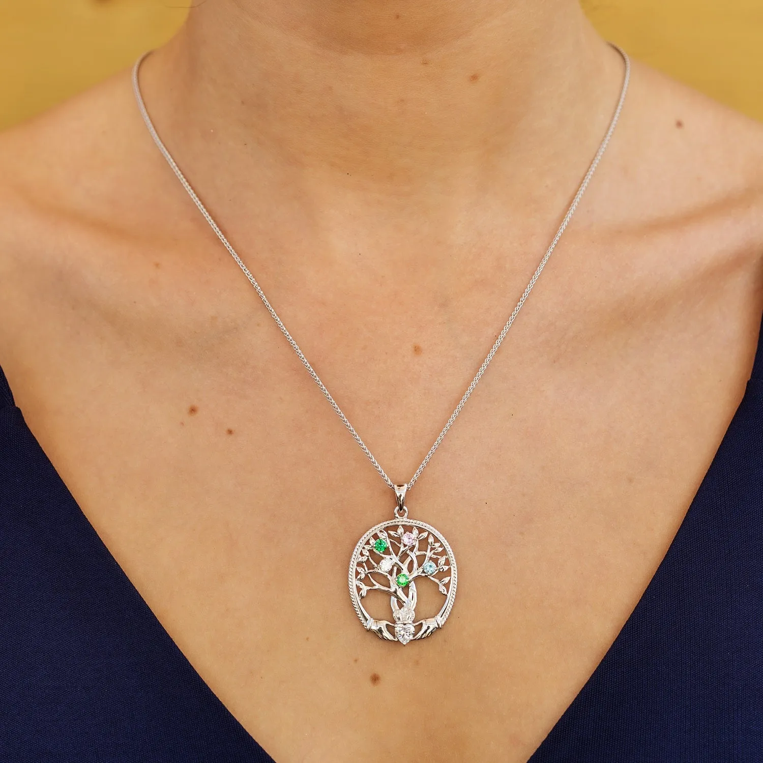 Sterling Silver Irish Family Claddagh Tree of Life Birthstone Pendant Mother and 5 Children - SP2247-5
