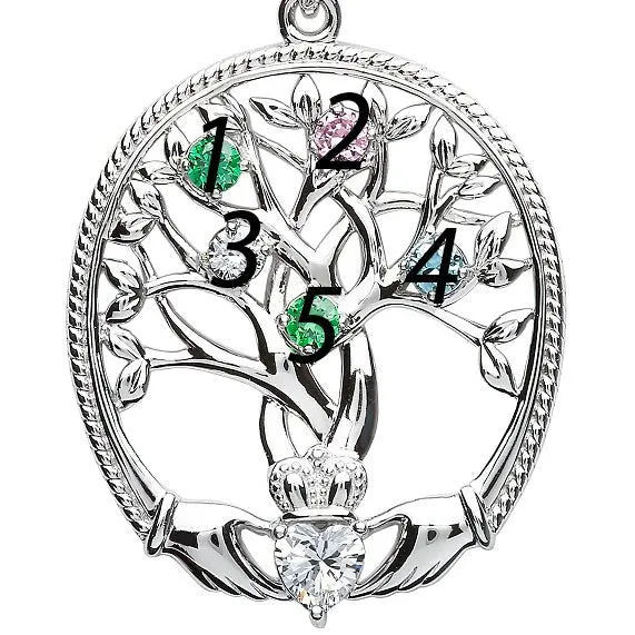 Sterling Silver Irish Family Claddagh Tree of Life Birthstone Pendant Mother and 5 Children - SP2247-5