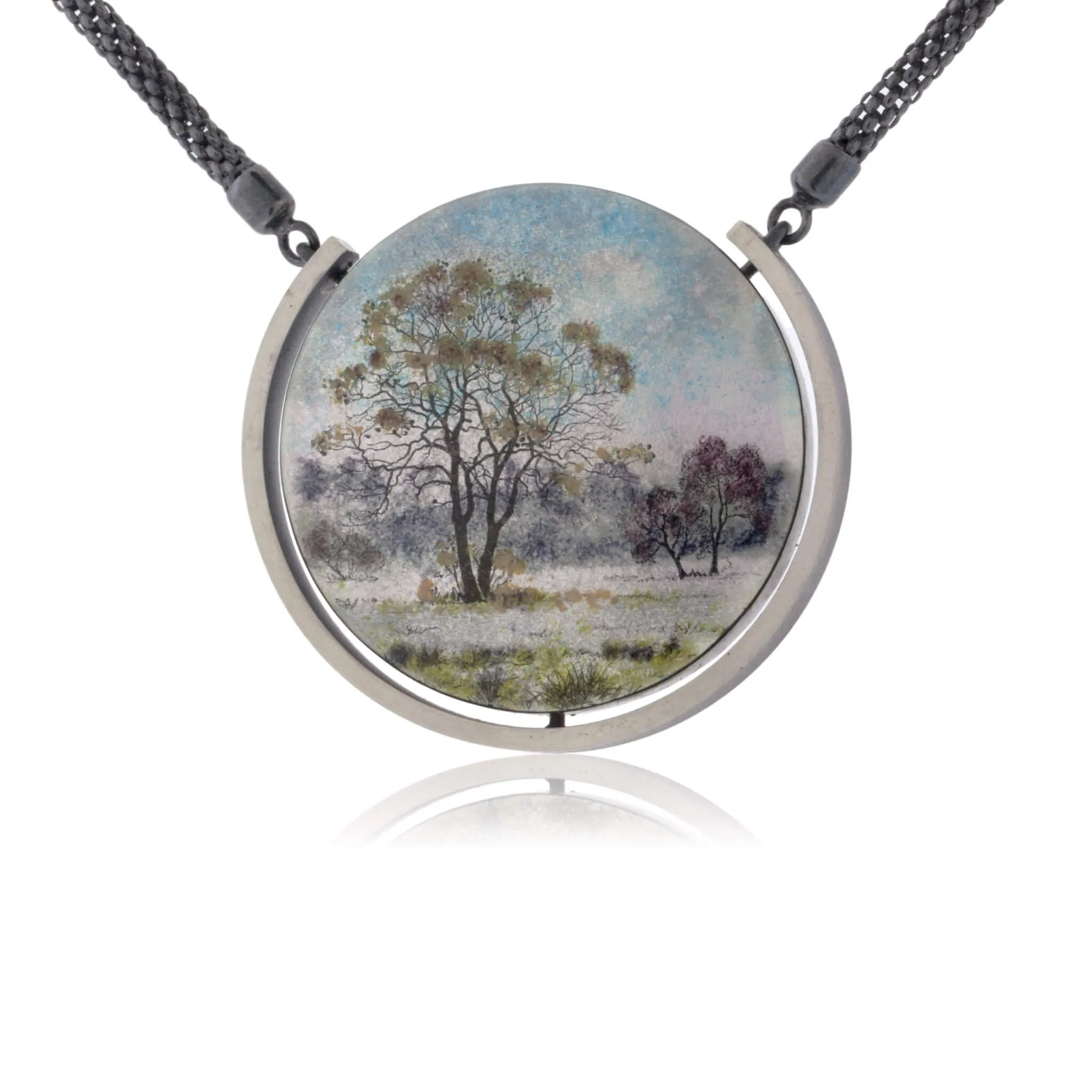 Sterling Silver Misty Morning Circle Enamel Pendant w/Chain