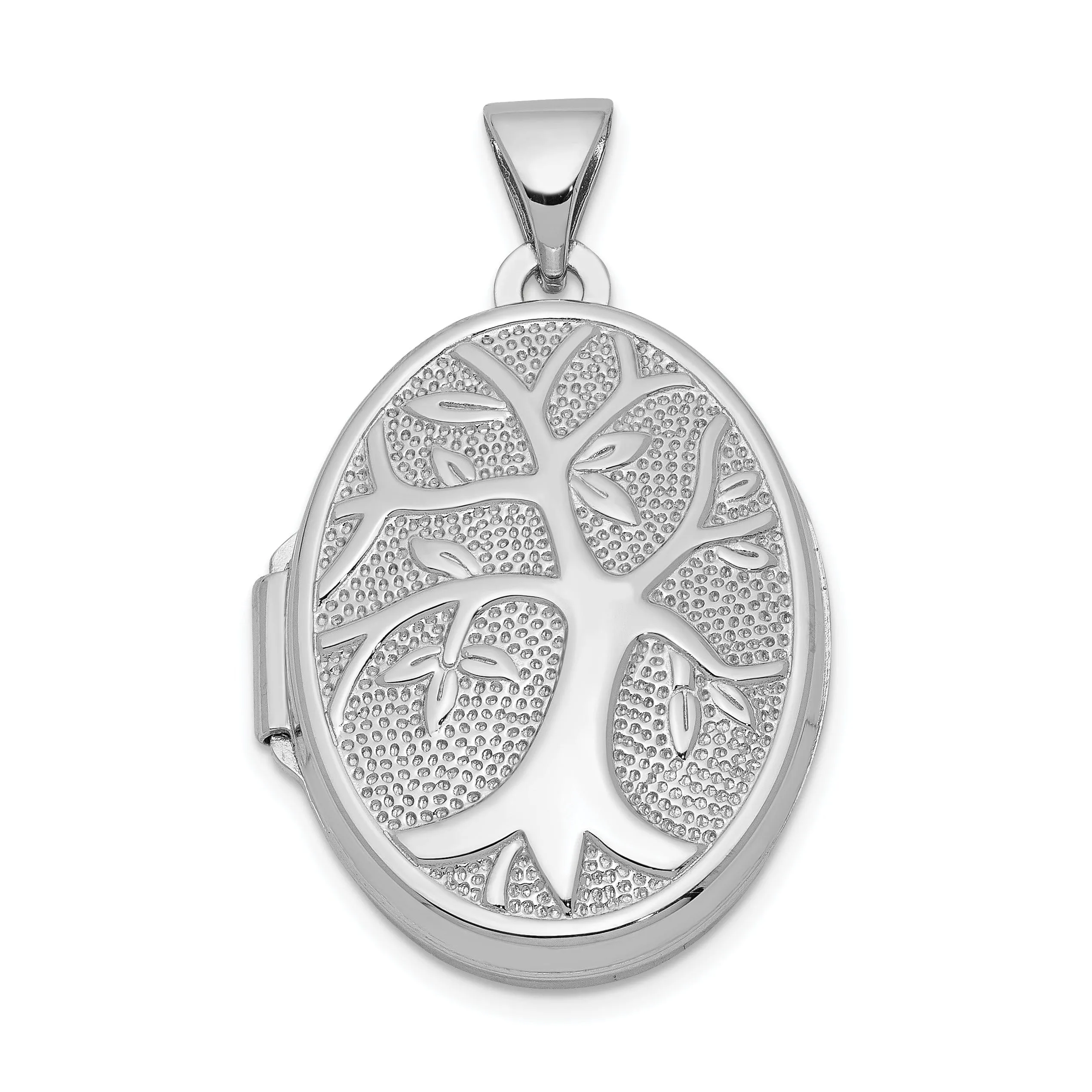 Sterling Silver Rhodium-plated 21x16mm Oval Tree Locket