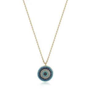 STERLING SILVER ROUND EVIL EYE CHARM PENDANT NECKLACE