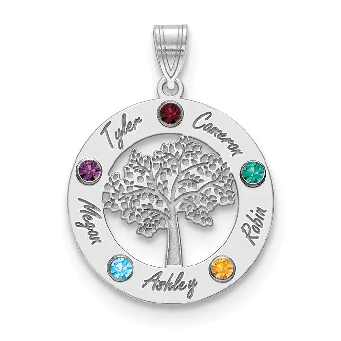 Sterling Silver Tree with Names Mother's Family Birthstone Pendant