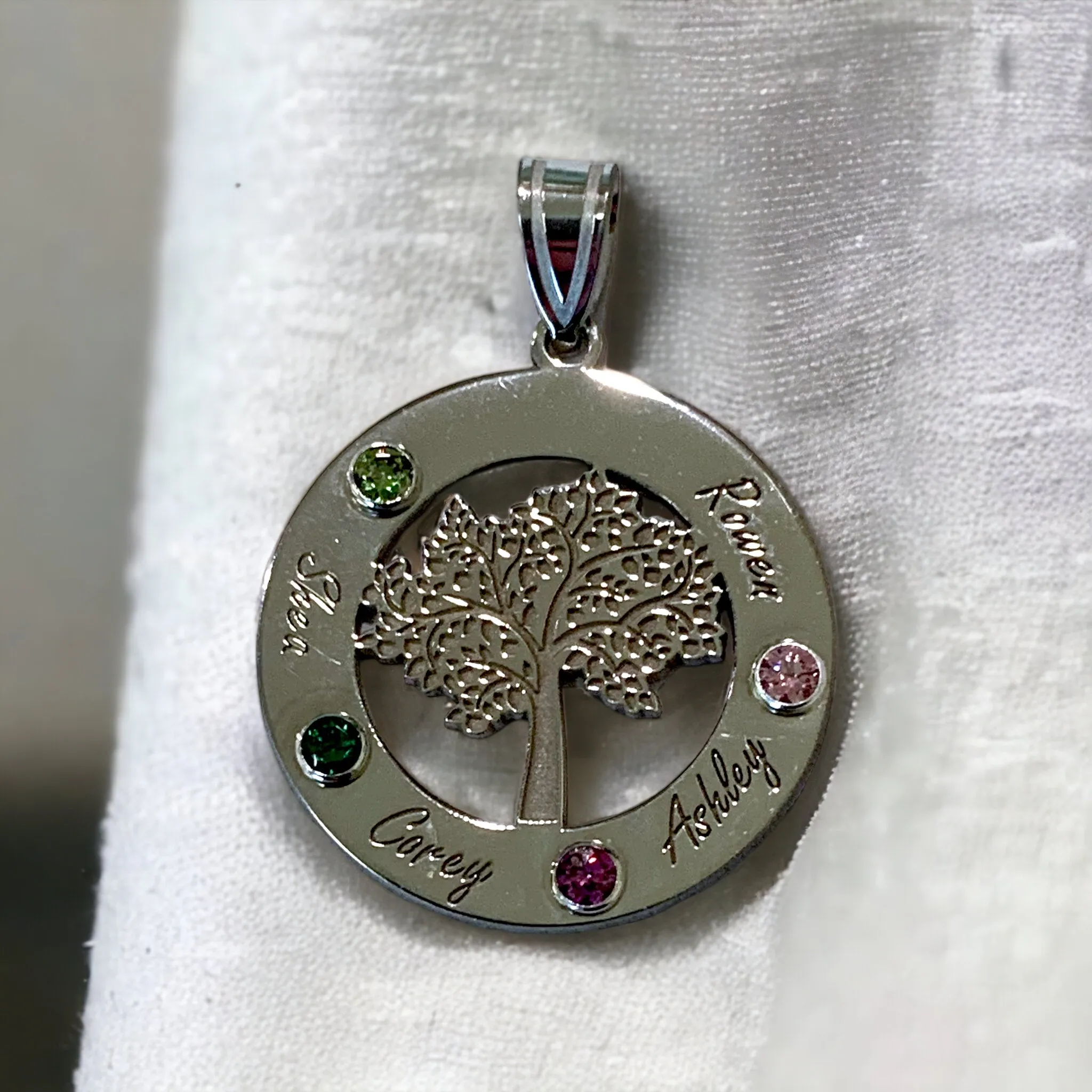 Sterling Silver Tree with Names Mother's Family Birthstone Pendant