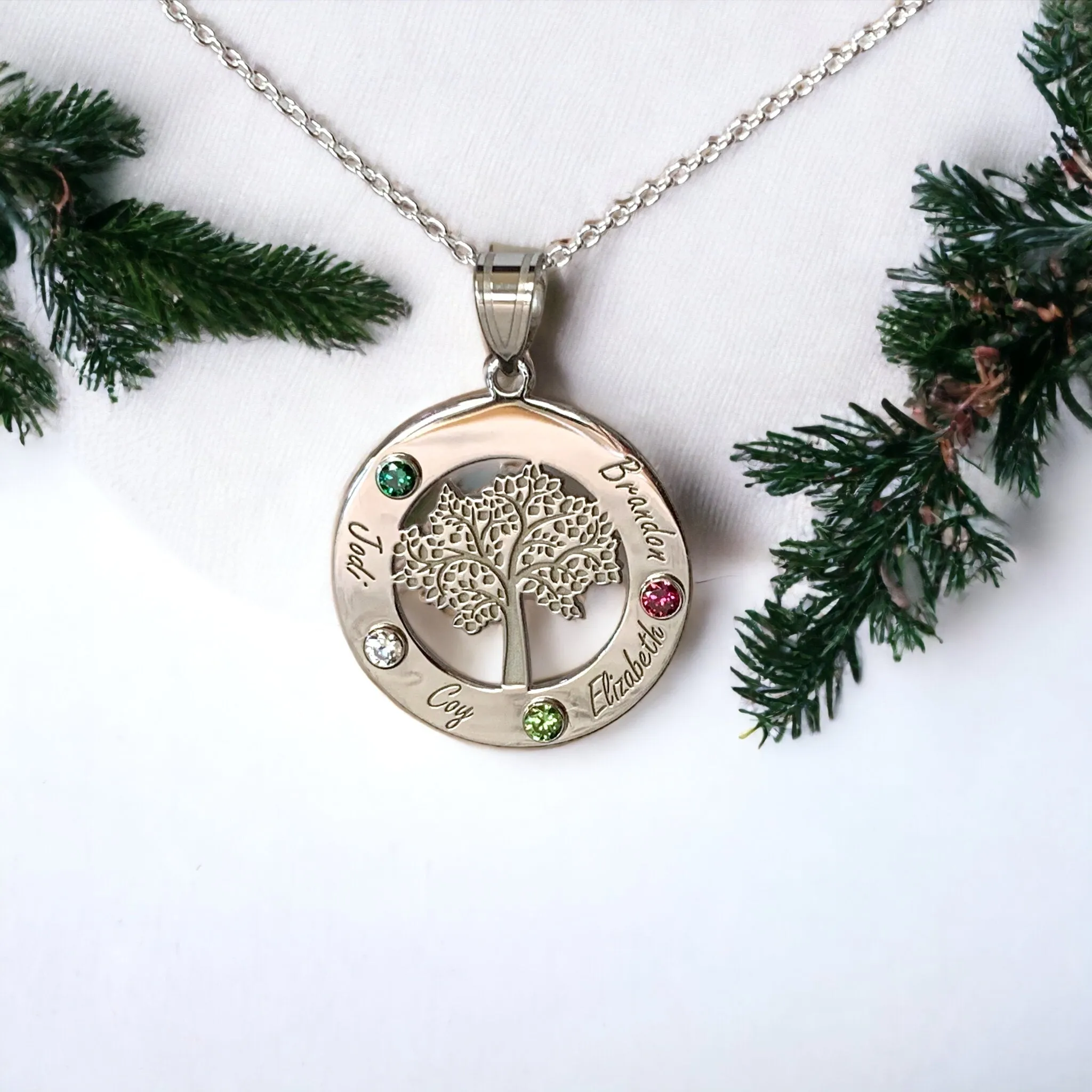 Sterling Silver Tree with Names Mother's Family Birthstone Pendant