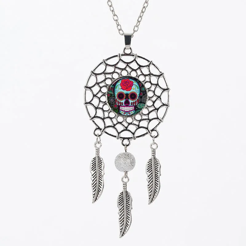 Sugar Skull Dreamcatcher Pendant Necklace