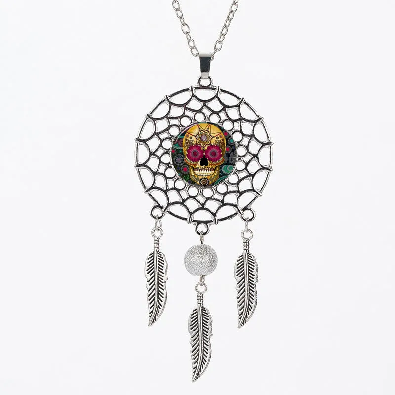 Sugar Skull Dreamcatcher Pendant Necklace