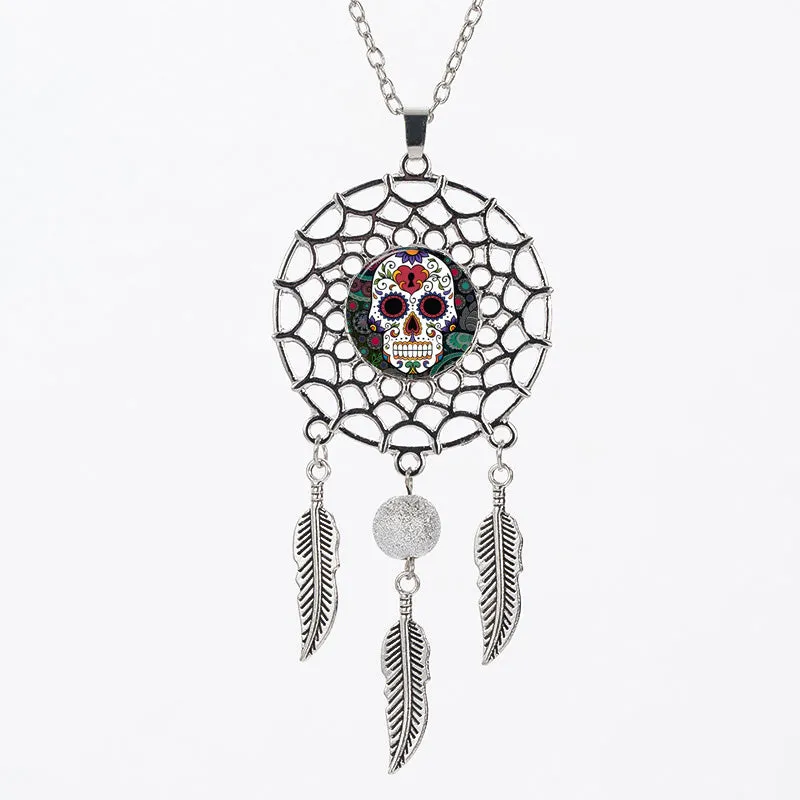Sugar Skull Dreamcatcher Pendant Necklace