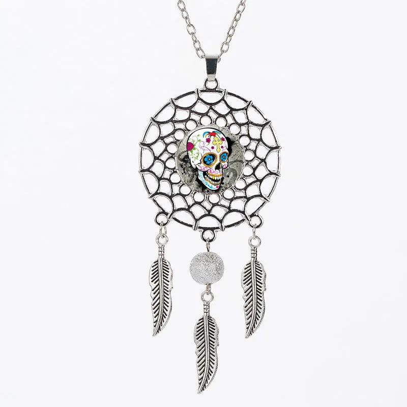 Sugar Skull Dreamcatcher Pendant Necklace