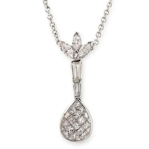 Teardrop Style Diamond Pendant Necklace In 18k White Gold