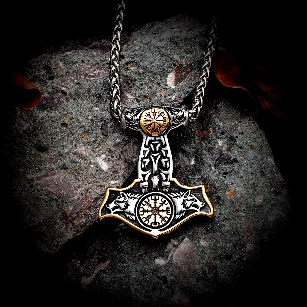 THOR'S HAMMER NECKLACE - GOLDEN ASGARD'S WOLVES