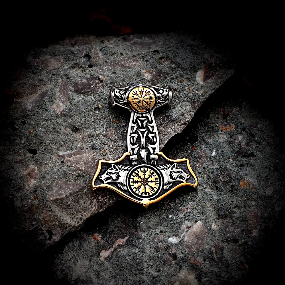 THOR'S HAMMER NECKLACE - GOLDEN ASGARD'S WOLVES