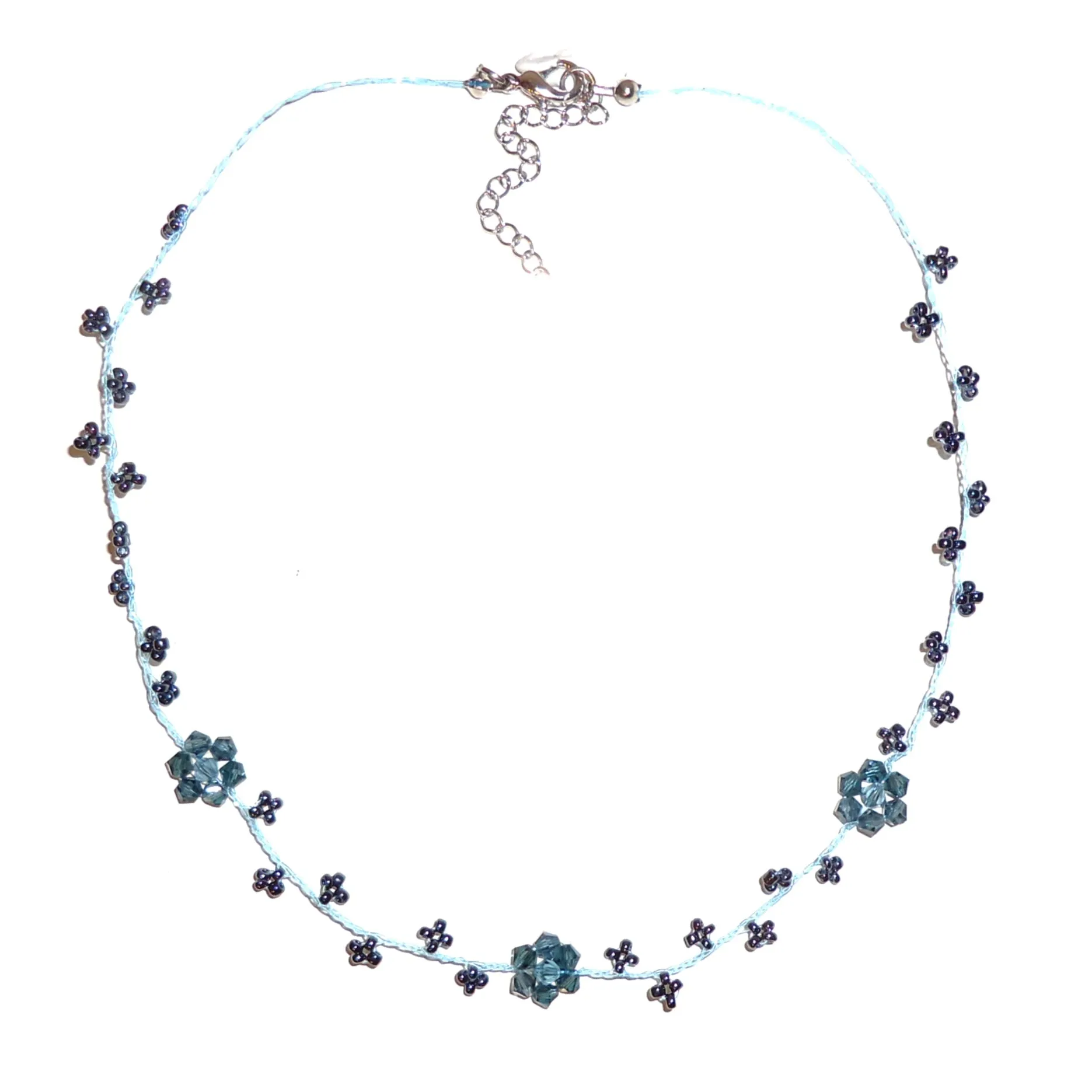 Three Flower Seed Bead Necklace - Denim