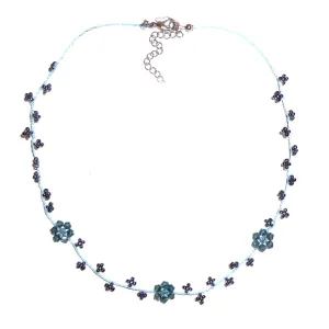 Three Flower Seed Bead Necklace - Denim