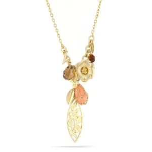 TIGER'S EYE AND PINK STONE GOLD FLOWER LEAF LONG NECKLACE #170CR1501 (3F5)