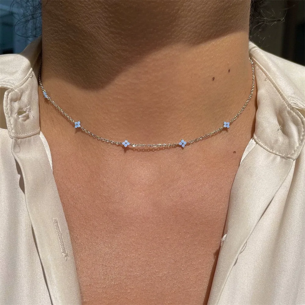 Tiny Blue Flower Necklace for Women