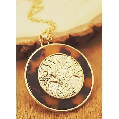 Tortoise Acetate Tree Of Life Orund Pendant Necklace Set