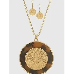Tortoise Acetate Tree Of Life Orund Pendant Necklace Set