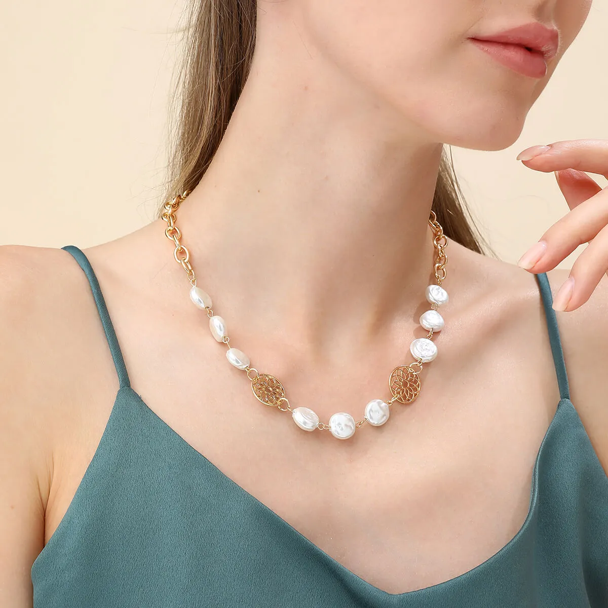 Tree Of Life & Faux Pearls Short Necklace In Gold-Tone