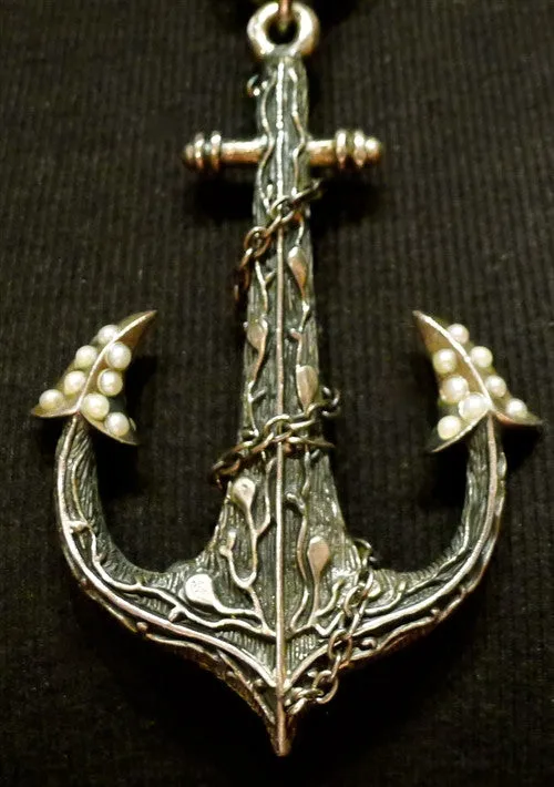 Ugo Cacciatore Sterling Silver, Pearl, and Red Tourmaline Anchor Necklace