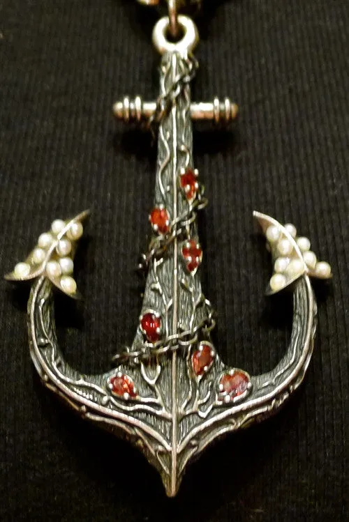 Ugo Cacciatore Sterling Silver, Pearl, and Red Tourmaline Anchor Necklace