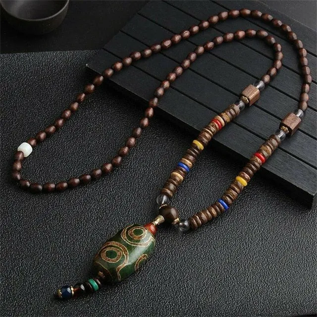 Unisex Handmade Necklace Nepal Buddhist Mala Wood Beads Pendant & Necklace