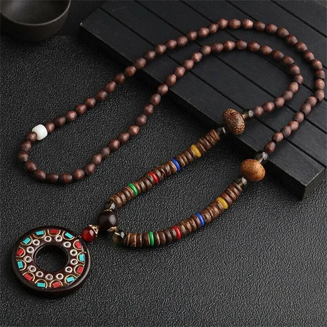 Unisex Handmade Necklace Nepal Buddhist Mala Wood Beads Pendant & Necklace