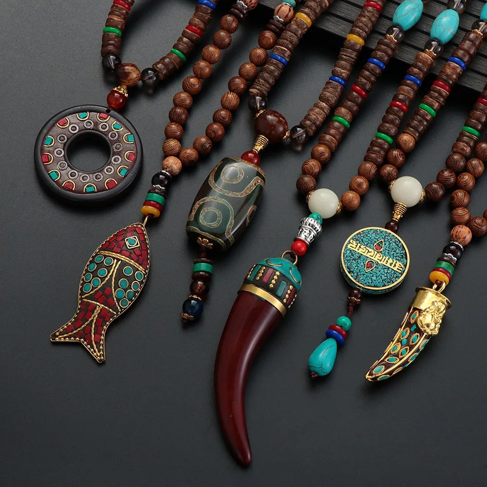 Unisex Handmade Necklace Nepal Buddhist Mala Wood Beads Pendant & Necklace