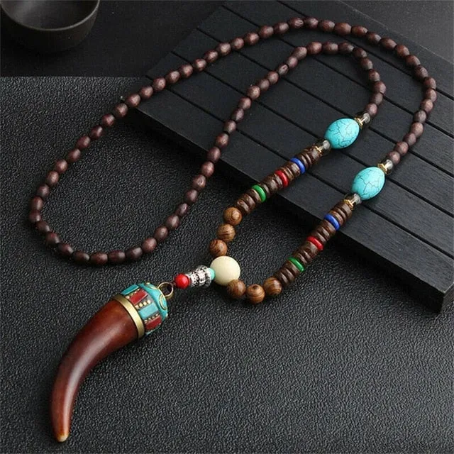 Unisex Handmade Necklace Nepal Buddhist Mala Wood Beads Pendant & Necklace