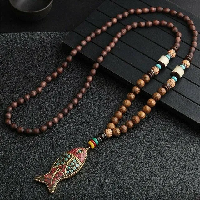 Unisex Handmade Necklace Nepal Buddhist Mala Wood Beads Pendant & Necklace