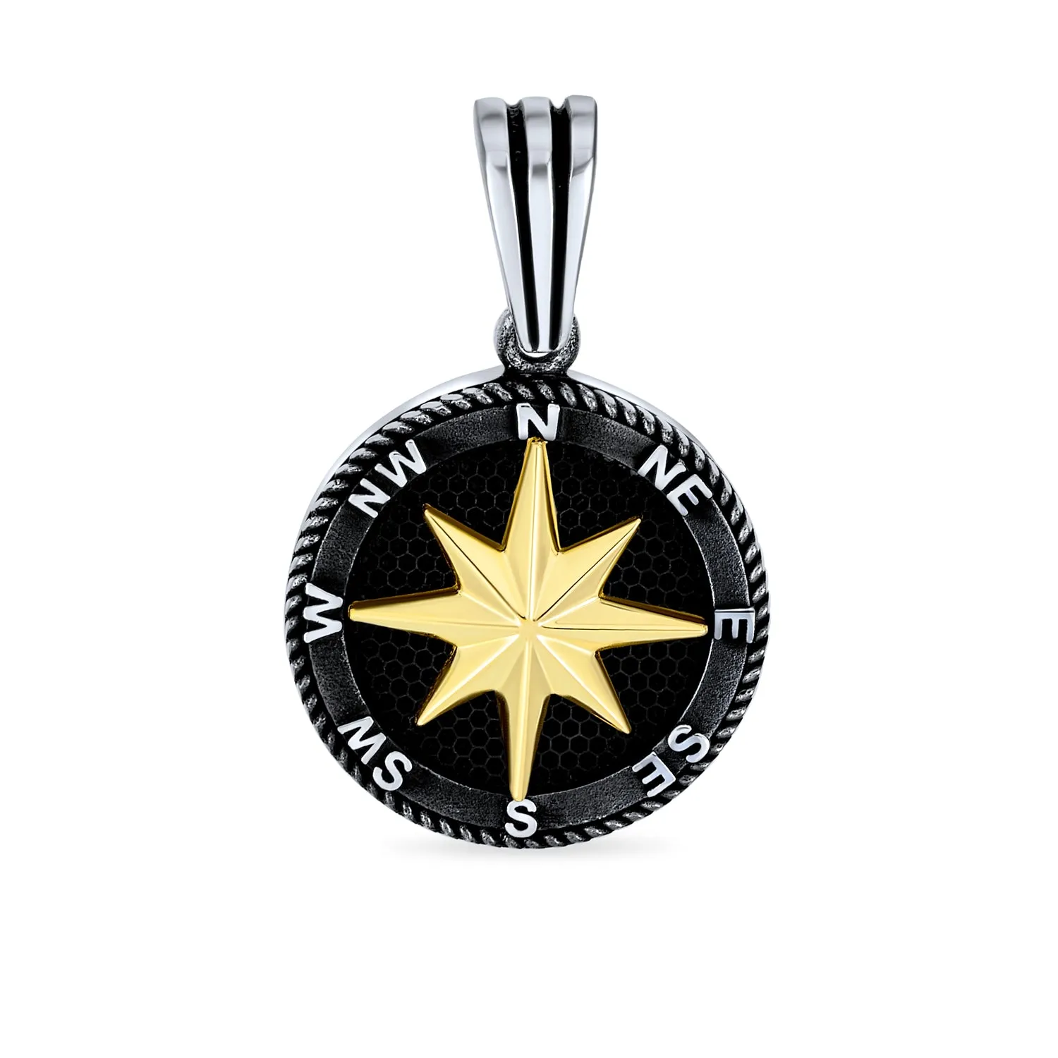 Unisex Viking Compass Pendant Necklace Black Plated Sterling Silver Chain