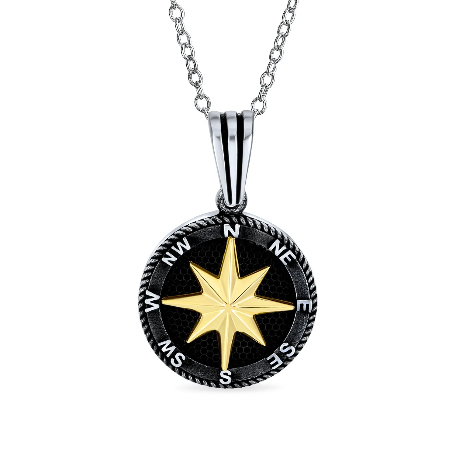 Unisex Viking Compass Pendant Necklace Black Plated Sterling Silver Chain